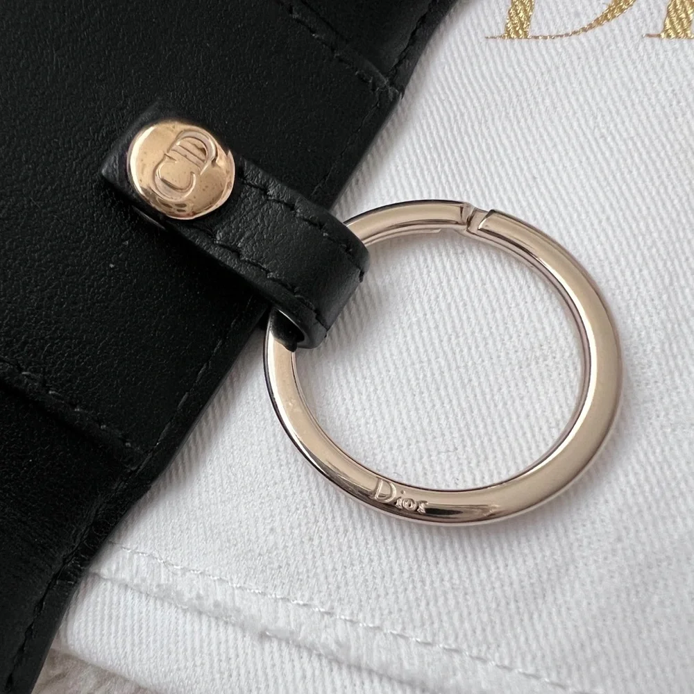 Auth Dior Quilted Logo Charm Key Holder Wallet - Black w/ Gold Hardware